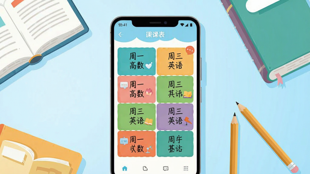 画面中央是一台竖屏安卓手机,手机屏幕上显示色彩明快的周课表界面,课表格子中写有“周一 高数”“周三 英语”等字样,手机周围散落着几本课本和一支铅笔,背景为浅蓝色渐变,风格清新扁平化插画,细节干净,画质清晰,无多余元素
