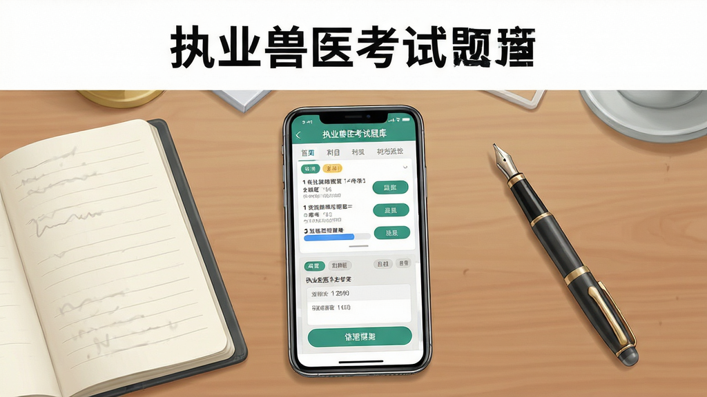 主体为一部智能手机,屏幕中显示执业兽医考试题库软件界面,包含题目列表与答题卡布局;手机置于书桌中央,旁边摆放笔记本与钢笔;排版采用居中构图,上方留白用于标题;风格为清新写实教育类插画;细节包括屏幕内清晰的题目选项按钮、进度条与科目分类标签;画质高清、干净、无多余元素