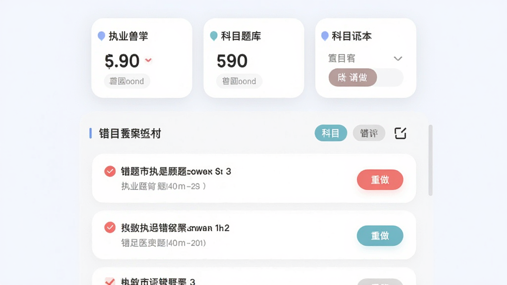 主体为执业兽医考试题库软件的错题本功能界面,布局为顶部统计卡片加下方错题列表;排版采用卡片式设计,风格为柔和圆角教育类UI;细节包括红色错题标记、重做按钮、科目筛选标签;画质高清、干净、无多余元素