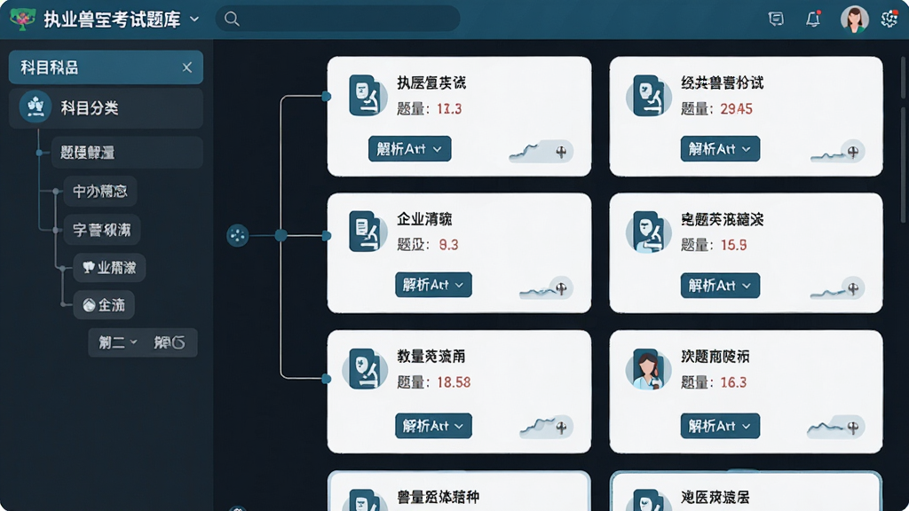 画面主体为执业兽医考试题库软件的知识树状图界面,布局为左侧科目分类列表、右侧题目卡片展示;排版整齐清晰,风格为扁平化教育科技风;细节包括科目图标、题量统计数字、解析展开按钮;画质高清、干净、无多余元素