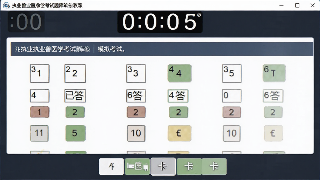主体为执业兽医考试题库软件的模拟考试界面,布局为顶部倒计时器加中间答题区加底部答题卡;排版模拟真实考场答题卡样式,风格为严肃简洁的考试系统风;细节包括计时数字、题号方格、已答未答颜色区分;画质高清、干净、无多余元素