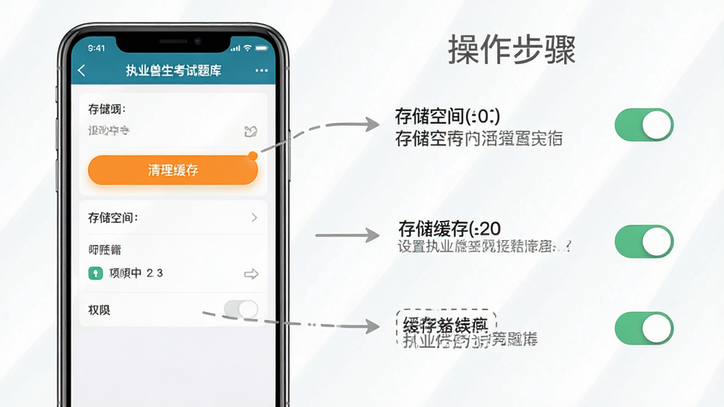主体为手机屏幕显示执业兽医考试题库软件的设置与缓存清理界面,布局为左侧手机正视图、右侧操作步骤标注;排版采用教程图解式构图,风格为简洁明快的说明图;细节包括清理缓存按钮高亮、存储空间数值、权限开关图标;画质高清、干净、无多余元素