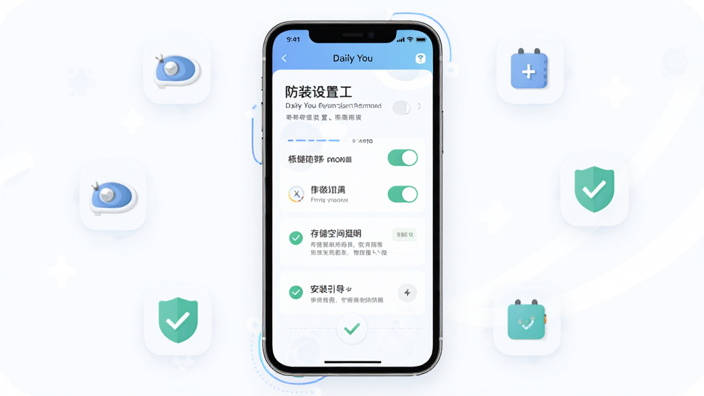 主体是手机屏幕显示日记应用权限设置与安装引导页面,布局为居中手机界面加周围小图标环绕,排版为步骤式图文排列,风格为清爽科技插画风,细节为“Daily You”标识、权限开关、存储空间提示、对勾图标,画质高清干净无多余元素