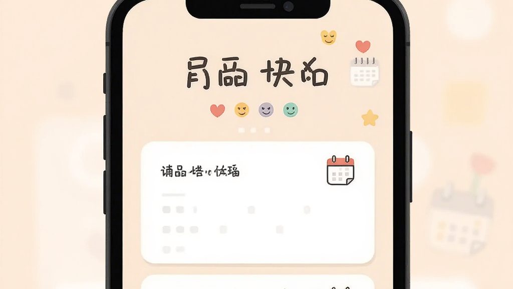 主体是一部智能手机屏幕显示简洁日记应用界面,布局为居中构图屏幕占据画面中央,排版为上下分层上方标题下方记录卡片,风格为清新扁平化插画风,细节为柔和米色背景、手写字体标题、心情图标与日历元素点缀,画质高清干净无多余元素