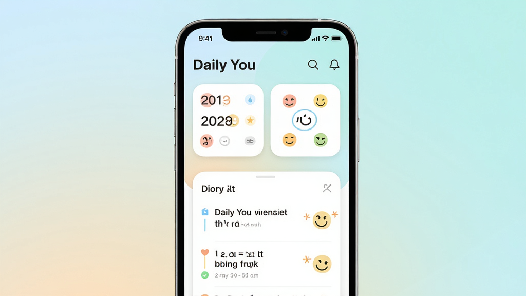 主体为一部智能手机居中展示,屏幕上呈现“Daily You”应用主界面,包含日期卡片、心情图标和日记条目列表;布局为上下分层,上方标题区下方内容卡片区;排版简洁留白充足;风格为清新浅色扁平化UI设计;细节包括柔和渐变背景、圆角卡片、手绘风格心情表情;画质清晰干净无多余元素