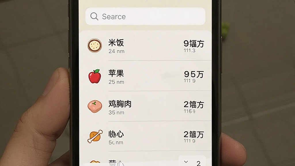 ��·���ռ�ʳ���������棬�б�չʾ�׷���ƻ�����������ʳ�����Ƽ���Ӧ������ֵ�������������򣬲���Ϊ�ֻ���Ļ���У�����ǳɫ������б�ʽ�����ƣ�ϸ�ڰ���ʳ��Сͼ��ͷָ��ߣ����������ɾ��޶���Ԫ��