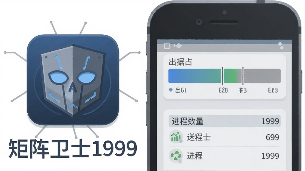 一张横向构图展示图,左侧为“矩阵卫士1999”软件图标与名称文字,右侧为手机运行状态示意图,包含内存占用条和进程数量标识,整体采用扁平化插画风格,配色以蓝色和灰色为主,画面干净整洁,画质清晰,无多余装饰元素