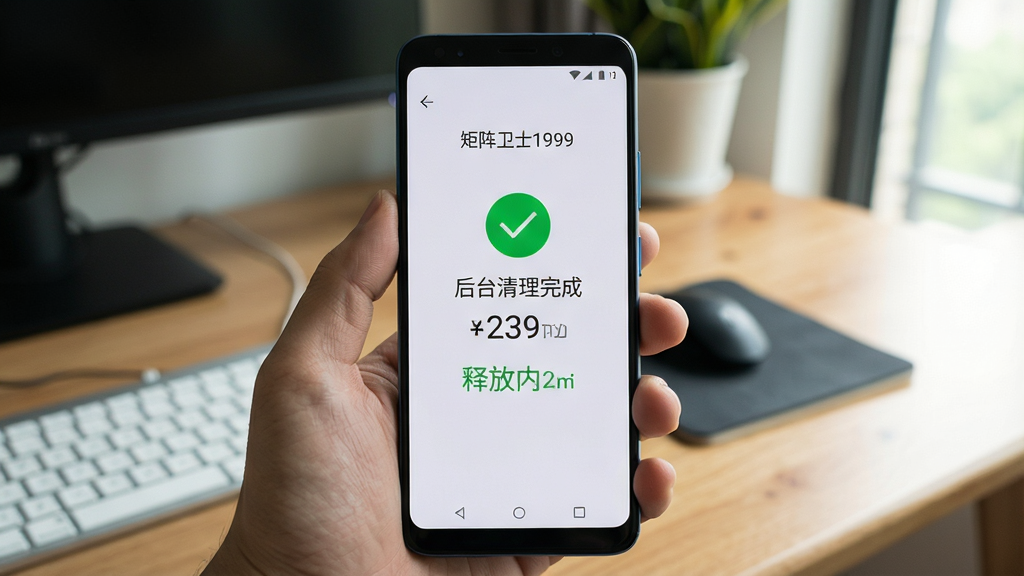 一张手机使用场景图,画面中一只手握着安卓手机,屏幕显示“矩阵卫士1999”后台清理完成提示页面,页面有绿色对勾图标和释放内存数值,背景为室内桌面环境,风格写实自然,画质清晰,无杂乱元素