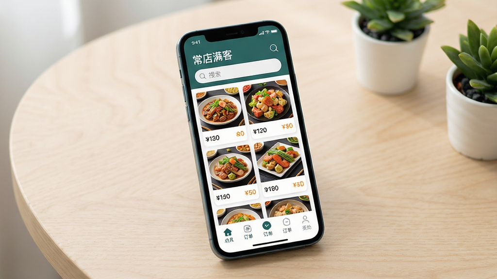 画面主体是一部智能手机,屏幕中展示常满客应用的主界面,界面上方为门店名称与搜索栏,中部为整齐排列的菜品卡片,每张卡片配有色泽诱人的菜品图片与价格标签,底部为点餐与订单导航栏。布局采用居中构图,手机略微倾斜展现立体感,背景为浅木色桌面与少量绿植点缀。风格为清爽现代的移动应用展示风,细节上强调界面图标清晰、菜品图片鲜亮、光影柔和自然。画质高清,画面干净,无多余元素。