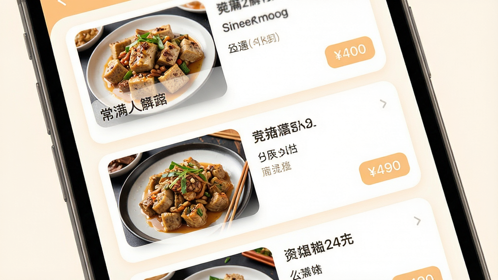 画面主体为常满客应用的菜品列表页面特写,多张菜品卡片纵向排列,卡片中包含菜品实拍图、名称文字与价格标签,配色以暖白与浅橙为主。布局为手机屏幕局部放大展示,卡片之间留有均匀间距。风格为简洁明快的界面设计风,细节上突出卡片圆角、文字层级分明、图片清晰。画质高清,画面干净,无多余元素。