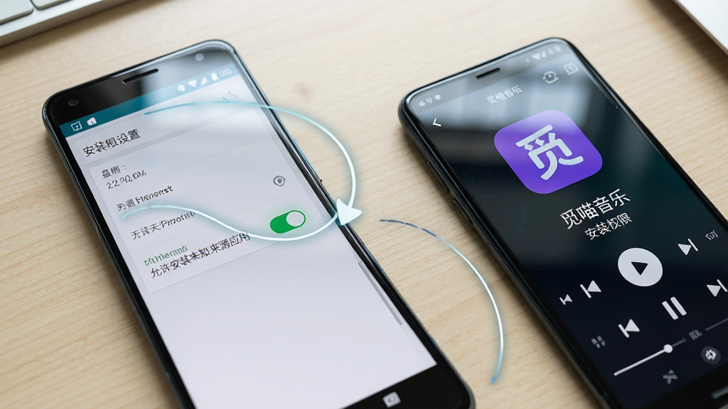 主体为一部安卓手机显示安装权限设置页面,页面中有“允许安装未知来源应用”开关选项,旁边放着另一部手机展示“觅喵音乐”播放界面;布局为两部手机并排斜放,背景为浅色桌面;排版对比清晰,左右呼应;风格为数码教程展示风;细节包括开关高亮、屏幕反光、桌面纹理;画质高清,画面干净,无多余元素