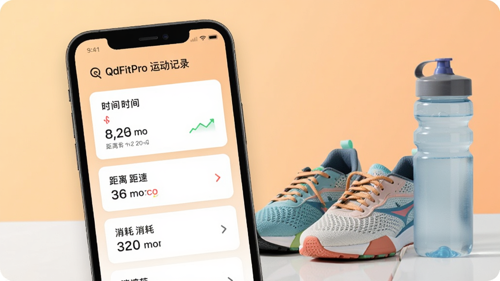 QdFitPro�˶���¼ҳ��չʾͼ���ֻ���Ļ��ʾ�ܲ�ģʽ���ݿ�Ƭ������ʱ�䡢���롢���ٺ�������ֵ���Աߴ����˶�Ь��ˮ��������Ϊǳ��ɫ���䣬���������£��Ű����࣬ϸ�����������ʸɾ���ͼ�����ֱ�ע��QdFitPro �˶���¼��