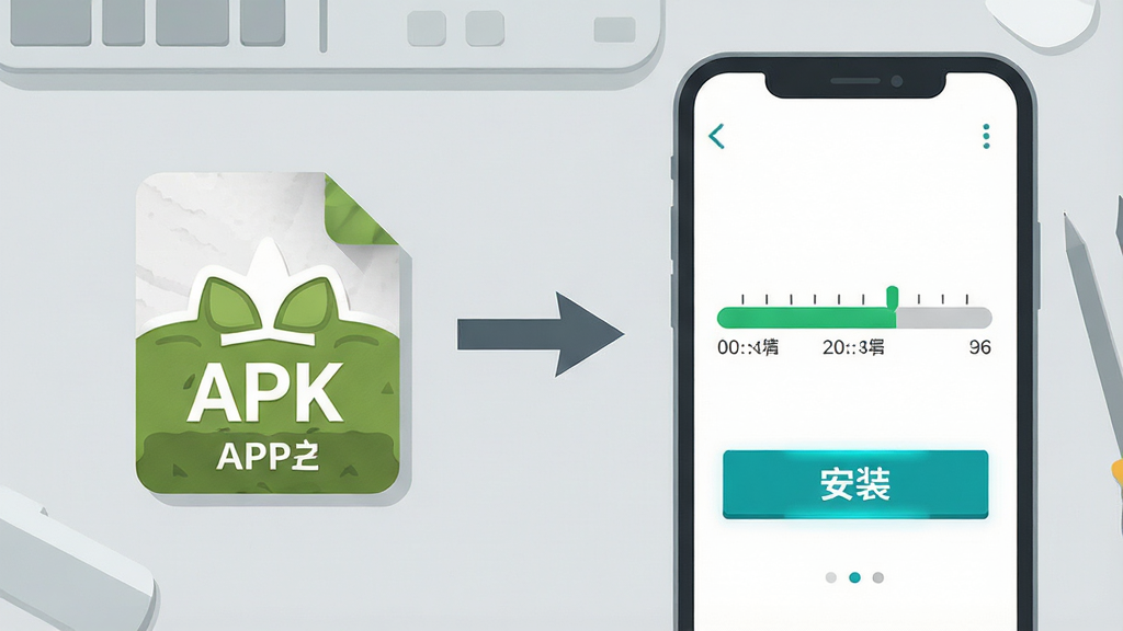 һ��չʾ�ֻ�Ӧ�ð�װ���̵�ʾ��ͼ���������Ϊ������ɵ�APK�ļ�ͼ�꣬�Ҳ�Ϊ�ֻ���Ļ����ʾ�İ�װ�������롰��װ����ť���м��ü�ͷ���ӣ�����Ϊǳ��ɫ����̨�棬��ͼ������ˣ����Ϊ��ƽ����Ϣͼ���ϸ�ڴ����ֽ������̶ȡ���ť�������ļ�ͼ���ʸУ���������������ɾ����޶���Ԫ��