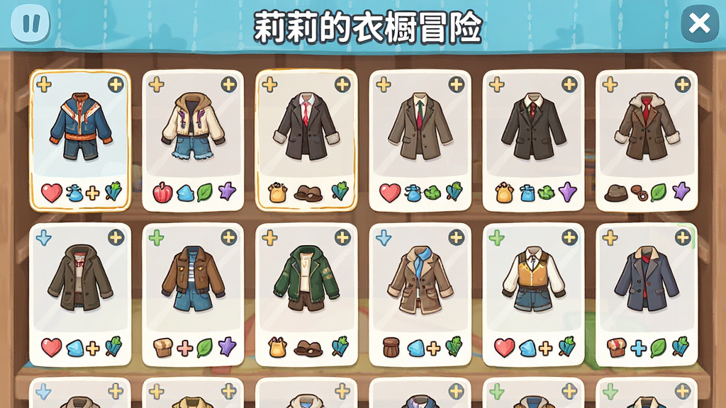 画面展示一个游戏内的衣柜界面,整齐排列着多套不同风格的服装搭配方案,每套搭配旁边有小图标标注属性加成,布局为网格状陈列,排版清晰有序,风格为扁平化UI设计,细节包括服装缩略图、属性图标和选中高亮边框,画质干净明亮,画面中可带