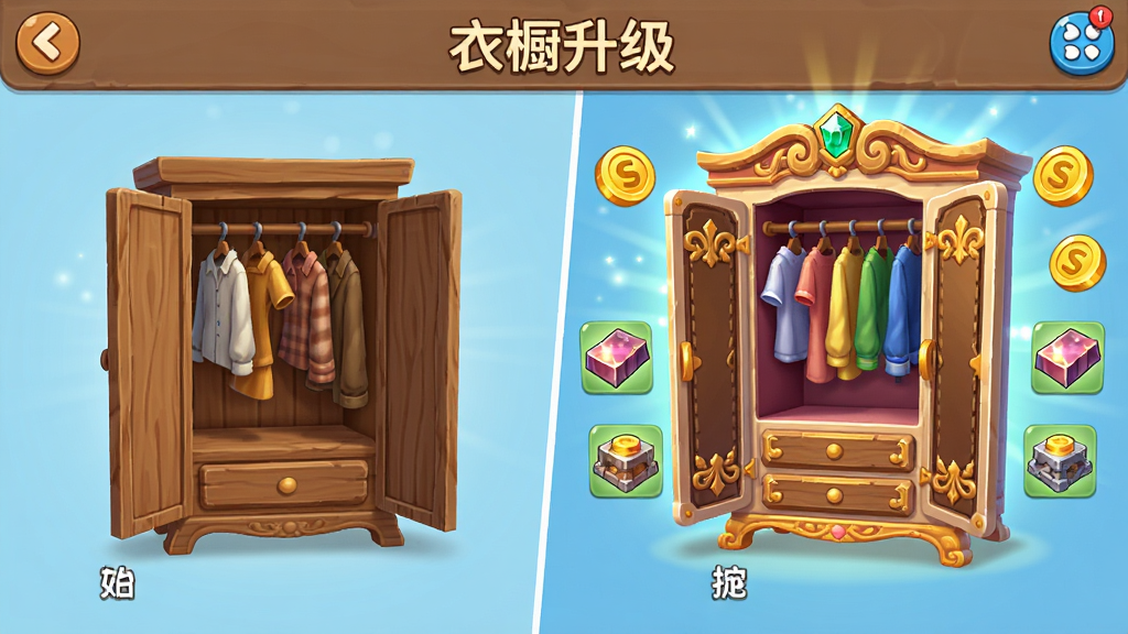 画面展示一个升级界面,衣橱从普通木柜逐渐变为华丽的大型衣柜,周围有金币和材料图标漂浮,布局为左右对比式呈现,左侧为初始衣橱右侧为升级后衣橱,排版简洁直观,风格为卡通游戏UI风,细节包括木质纹理变化、装饰雕花和光效,画质清晰干净,画面中可带