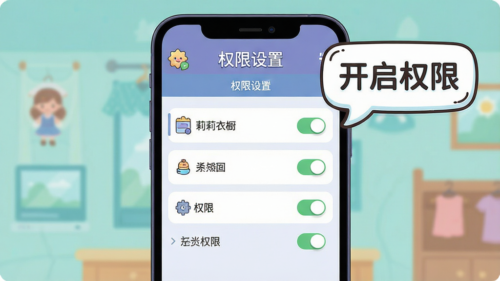 画面展示一部智能手机屏幕上的游戏设置界面,画质选项和权限开关清晰可见,旁边有一个卡通风格的提示气泡写着