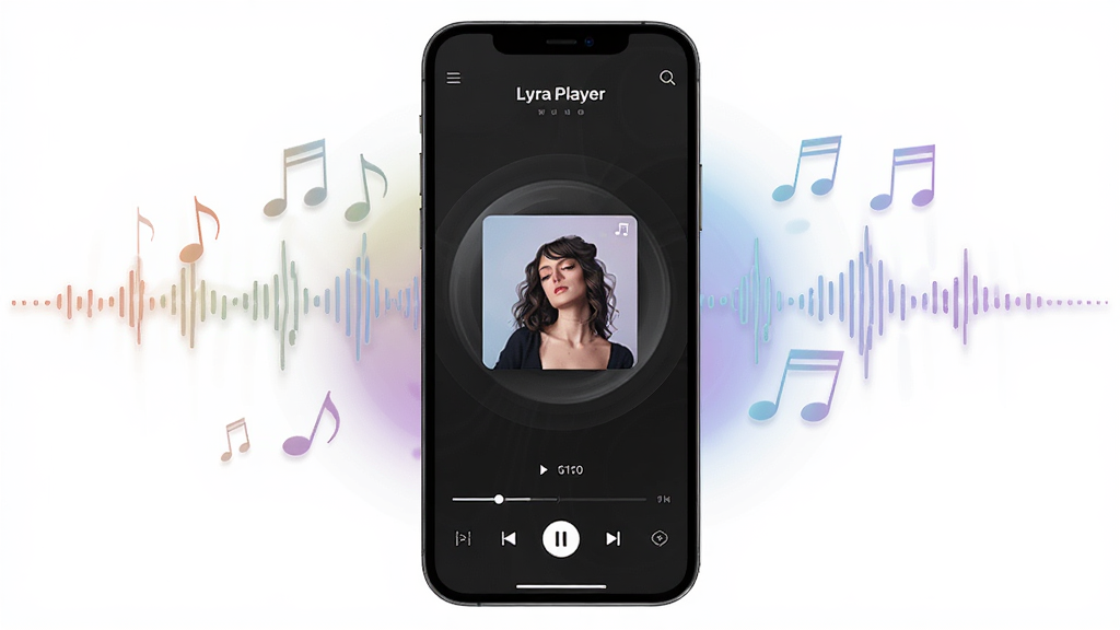 ����������һ�������ֻ�����Ļ��ʾLyra Player���ֲ��������棬��ɫ���ⱳ��������Ϊר��������ת�������ײ��в��ſ���������Χ�����������������������������岼�ּ�Լ�Գƣ����Ϊ�ִ���ƽ��UIչʾ��ϸ�ڰ�����͸��ë����Ч������ͽ�����Σ����������ɾ����޶���Ԫ��