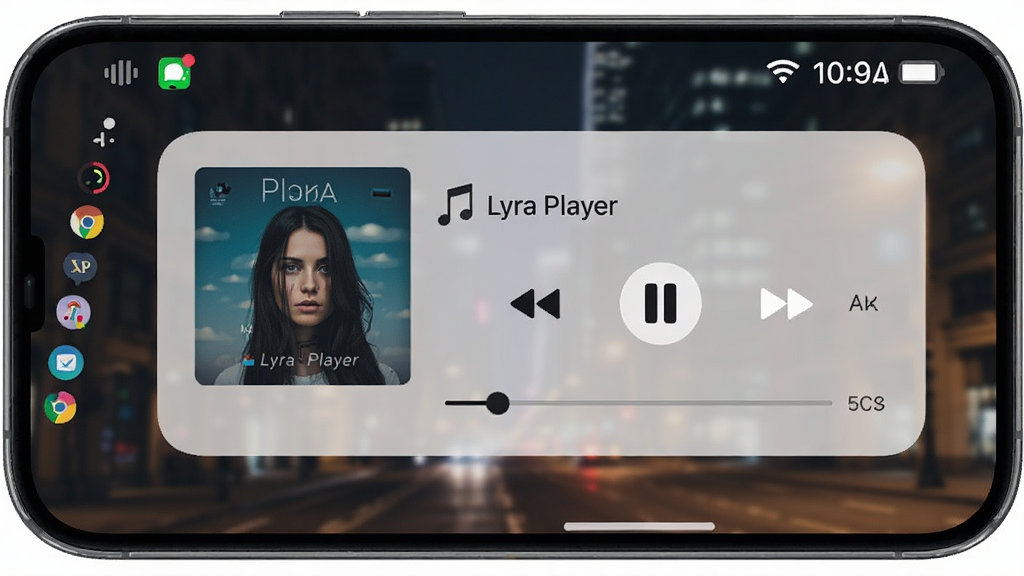 �ֻ�����������ʾLyra Player���ֿ��ƿ�Ƭ������ר�����桢��������������ͣ��ť�������������Ϊģ���ĳ���ҹ�������дʵ�����ּ�࣬ϸ�ڰ���֪ͨ��ͼ����ʱ����ʾ�����������ɾ�
