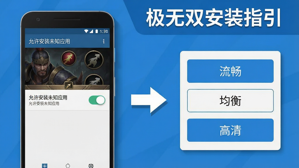 一张手机游戏安装设置示意图,画面左侧为安卓手机屏幕显示“允许安装未知应用”的开关界面,右侧为游戏画质设置面板包含“流畅”“均衡”“高清”三个选项,中间用箭头连接,顶部标题栏书写“极无双安装指引”,整体风格为扁平化信息图,配色以蓝白为主,细节包含手机边框与图标阴影,画质清晰,排版简洁明了