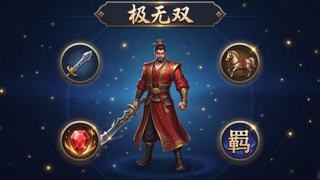 极无双武将养成界面概念图,画面中央是一位身穿红袍的武将全身立绘,周围环绕六个圆形图标分别代表武器、坐骑、战魂、宝石、技能与羁绊,背景为深蓝色渐变并点缀金色光点,顶部横幅书写“极无双”三字,整体风格为游戏UI设计稿,排版清晰对称,细节包含图标浮雕质感与光效边缘,画质高清,画面干净整洁
