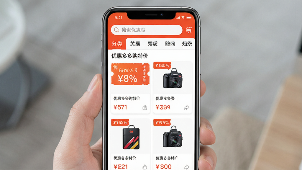 һ���ֻ�Ӧ�ý���չʾͼ������������һ�����������ֻ�����Ļ����ʾ�����Ż�ȯ�ۺ���ҳ��������������������ǩ���в�Ϊ��Ʒ��Ƭ���񲼾֣���Ƭ�ϱ�ע�ۿ۱�ǩ��۸���Ϣ��������ɫ�ԳȺ����ɫΪ����������ִ���ϸ����ͻ���Ż�ȯͼ������Ʒ����ͼ�����������ɾ����޶���Ԫ�أ������пɼ����֡��Żݶ�๺�ؼۡ�