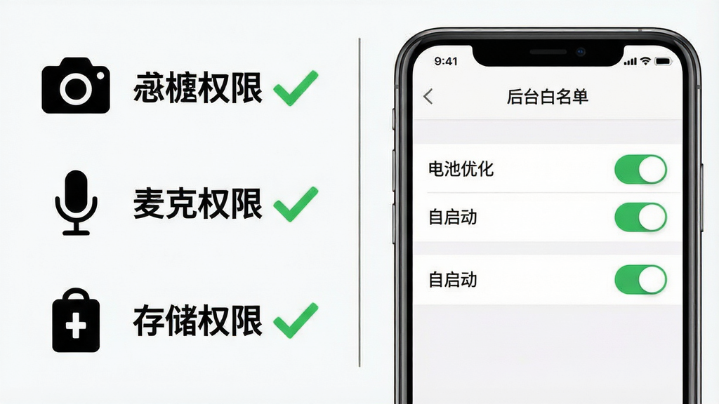 一张信息图风格的画面,左侧列出三个图标分别代表相机权限、麦克风权限、存储权限,每个图标旁有绿色对勾;右侧画一部手机屏幕显示后台白名单设置界面,界面中有“电池优化”与“自启动”两个开关处于开启状态。布局为左右分栏,中间用一条竖线分隔。风格为简洁说明图,细节上强调图标与开关的状态清晰可辨,画质高清、干净、无多余元素。