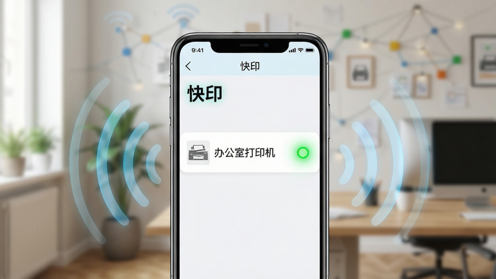 �ֻ���Ļ��ʾ����ӡ�����豸����ҳ�棬�б�����һ̨��Ϊ���칫�Ҵ�ӡ�������豸����������״̬���Ա�����ɫԲ���ʶ������Ϊ��ͥ��칫���绷��������Ϊ�ֻ����С���Χ��Wi-Fi�źŲ�����ɢ�����Ϊ���Ƽ��磬ϸ�ڰ����豸���Ƶ������ϸ�ԱȺ�״̬��ʶ�ķ���Ч���������������ɾ����޶���Ԫ��