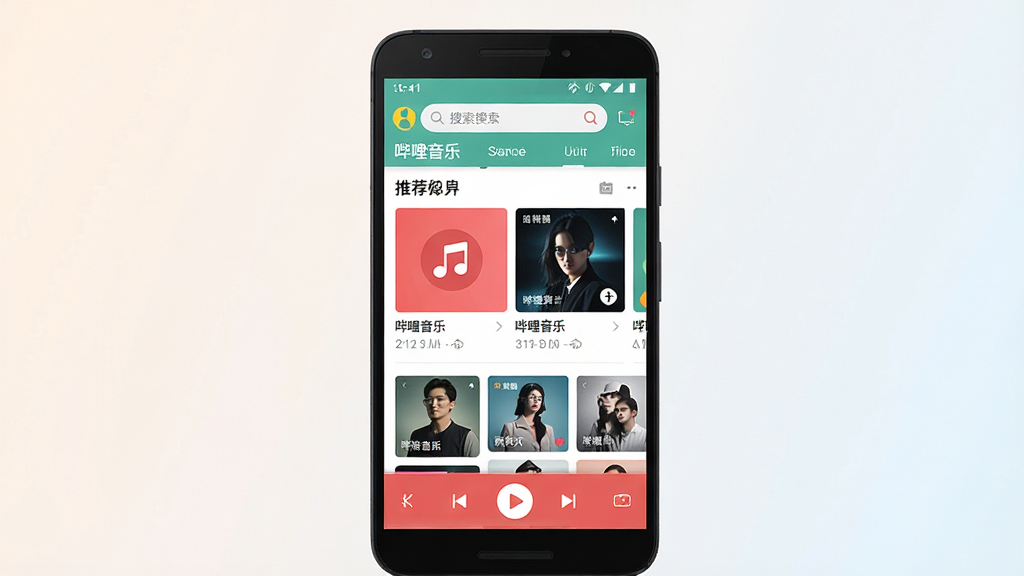 一张手机屏幕展示哔哩音乐APP主界面的产品示意图,主体为居中放置的安卓手机,屏幕内呈现“哔哩音乐”应用首页,包含顶部搜索栏、推荐歌单卡片、底部播放控制条,布局简洁清晰,排版上下分层,风格为现代扁平化UI设计,细节包含音符图标、专辑封面缩略图、播放按钮,画质高清,画面干净,无多余元素,背景为浅色渐变