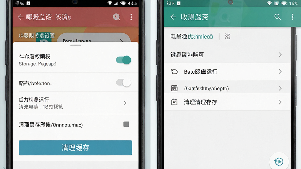 一张展示安卓手机使用哔哩音乐时设置权限与后台管理的操作示意图,主体为手机屏幕特写,屏幕内呈现权限设置页面与电池优化白名单界面,布局为上下分栏,排版清晰,风格为扁平化系统UI风格,细节包含存储权限开关、后台运行选项、清理缓存按钮,画质高清,画面干净,无多余元素