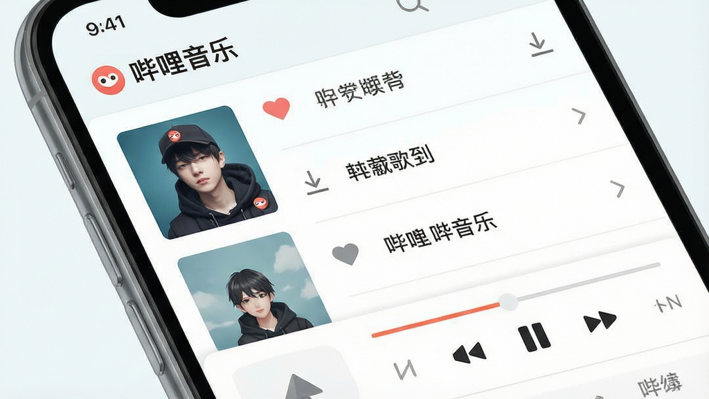 一张展示“哔哩音乐”歌单管理界面的示意图,主体为手机屏幕特写,屏幕内呈现歌单列表与播放控制面板,布局为左侧歌单封面、右侧歌曲条目,排版整齐,风格为清新浅色系UI,细节包含收藏心形图标、下载箭头、播放进度条,画质高清,画面干净,无多余元素