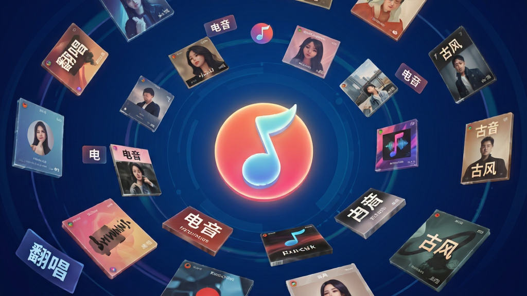 一幅展示“哔哩音乐”音频聚合能力的场景图,主体为悬浮在空中的多个音乐专辑封面方块,围绕中心一个发光的音符标志旋转,布局呈环形放射状,排版中心突出,风格为科技感与音乐感结合的插画风,细节包含不同风格的音乐标签如“翻唱”“电音”“古风”,画质高清,画面干净,背景为深蓝渐变,无多余元素