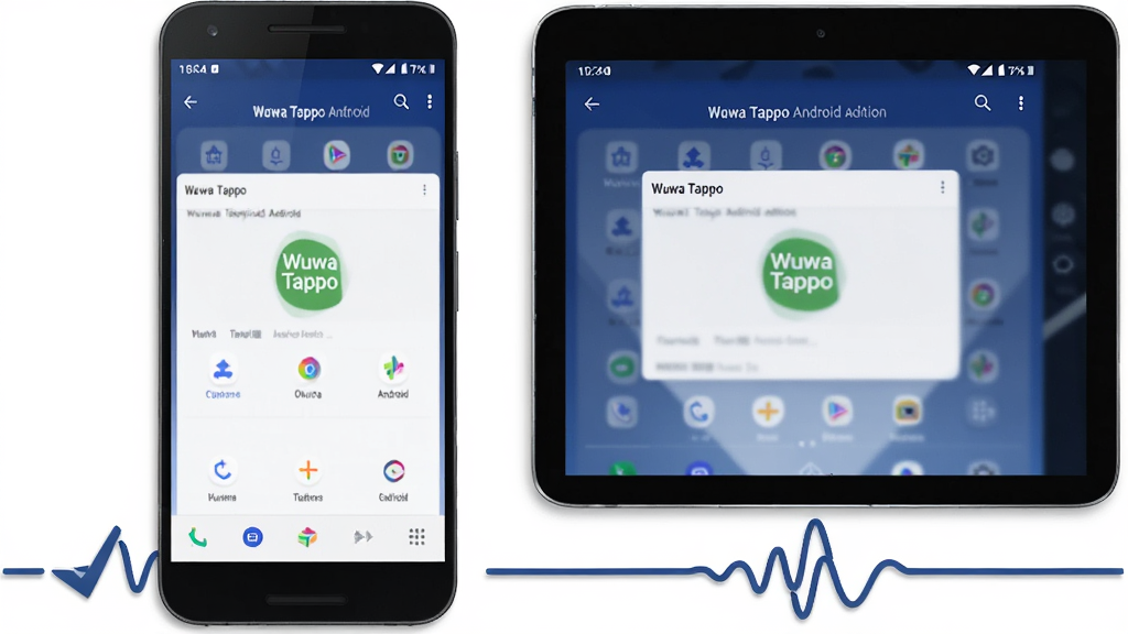 ��������Ϊһ����׿�ֻ���һ̨ƽ����Բ���չʾ����̨�豸��Ļ�о�����Wuwa Tappo Android����棻�豸�·���һ���Թ����ȶ���������������Ϊ�豸���С���������λ���·������Ϊ�Ƽ���Լ�磬��ɫΪ�������ɫ��ϸ�����豸��Ե�������Ӱ����������������ɾ����޶���Ԫ��