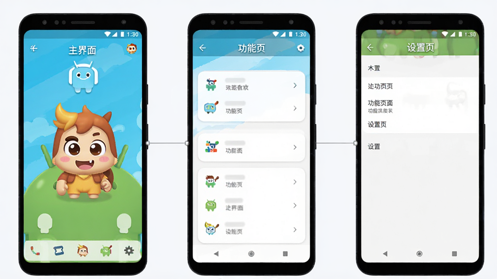 ��������ΪWuwa Tappo Android��Ľ��沼��ʾ��ͼ��չʾ�����桢����ҳ������ҳ������Ļ�����Ų����ֻ���Ļ�����ֱ�ע�������桱������ҳ��������ҳ��������Ϊ�����������У�����Ϊǳ�Ұ�ɫ�����ΪUI���չʾ�磻ϸ���ϸ���Ļ֮����ϸ�����ӣ����ʸ��壬����ɾ����޶���Ԫ��