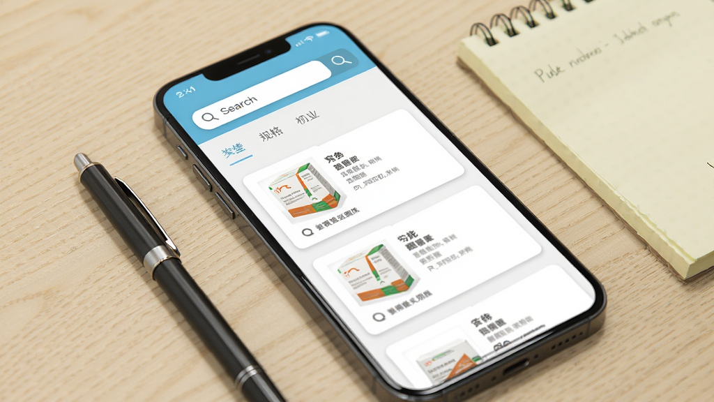 һ���ֻ�չʾҩƷ���ϲ�ѯ���棬��Ļ�����������ҩƷ��Ƭ�б�����Ƭ�ں�ҩ������ͼ�������������֣��ֻ��Ա߷���һ֧�ʺ�һ����ǩ������Ϊǳľɫ���棬���Ϊдʵ��Ʒ����ͼ��ϸ�ڰ�������������ͼ�ꡢ�����ǩ�Ϳ�Ƭ��Ӱ������ϸ��ɾ���������Ԫ��