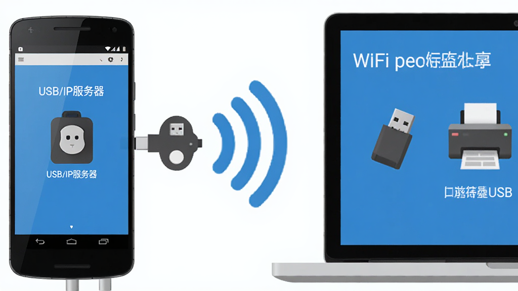 һ��չʾ��׿�ֻ�ͨ��WiFi���罫USB�豸�������ʼǱ����Ե�ʾ��ͼ���ֻ���Ļ��ʾ��USB/IP�����������������У��ʼǱ���Ļ��ʾʶ��Զ��USB�豸��������ñ�ƽ���Ƽ��廭��񣬲������ҷ��У��м��������źŲ������ӣ�ϸ�ڰ���U�̺ʹ�ӡ��ͼ�꣬���������ɾ�