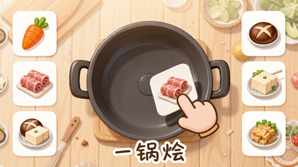����չʾһ�������ӽǵ�ʳ��ѡ����棬��Ļ������һ�ڿչ������ܻ����ŷ��������ʳ�Ŀ�Ƭ����Ƭ�ϻ��к��ܲ���ţ������㹽�������Ⱦ���Сͼ��һֻ��ͨ��ָ����һ��ʳ�Ŀ�Ƭ������У�����Ϊǳľɫ���棬���������¿ɰ�������ϸ��ɾ��������·�����д���ע��һ���⡱