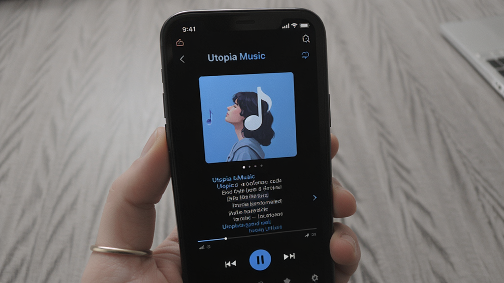 �ֻ���Ļ��ʾ��Utopia Music����ɫģʽ���Ž��棬��ɫ����������ɫǿ��ɫ������ר������͸�ʹ������򣬻��澲�����ʣ���ƽ����ƣ����ʸɾ�