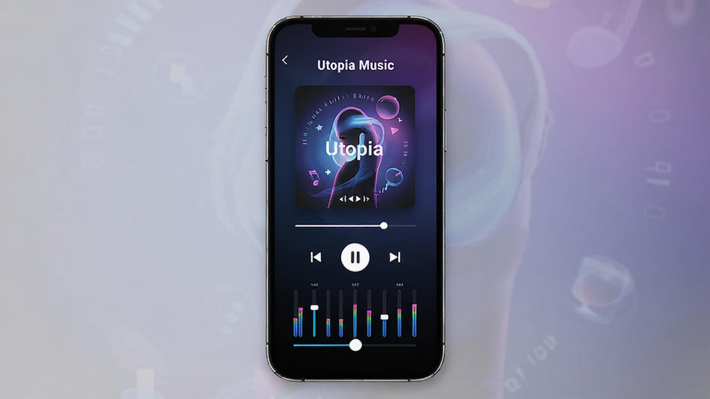 �ֻ���Ļչʾ��Utopia Music�����Ž��棬������ר������Ͳ��ſ��ư�ť���·���ʾ���������ڻ��飬����Ϊ��ɫ���䣬�Ƽ�������н�ϣ����ʸɾ����޶�������
