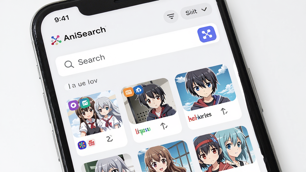 ��������Ϊһ���ֻ���Ļ����ʾ��AniSearch����Դ�ۺ��������棬��Ļ����Ϊ�������·���������ʽչʾ���������Ŀ��Ƭ��ÿ�ſ�Ƭ������Դ��ǩ�������������򣬷��Ϊ��Լ�Ƽ���ǳɫ���棬ϸ�ڰ����ۺ�ͼ�ꡢɸѡ��ť������ͼ�����ʸ���ɾ����޶���װ��Ԫ��
