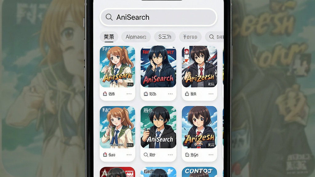 ��������Ϊһ�����������ֻ�����Ļ��ʾ��������Ӧ�ý��棬������������д�С�AniSearch���������·����ж��Ŷ�����������ͼ��Ƭ�����־��жԳƣ����Ϊ��ˬ��ƽ��UI��ƣ�ϸ�ڰ���Բ�ǿ�Ƭ��ǳɫ����������ͼ��������ǩ�����������ɾ����޶���Ԫ�أ���������ִ��ƶ�Ӧ��Ԥ��Ч��