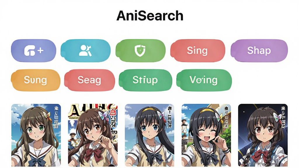 ��������Ϊ�ֻ�Ӧ�÷������ҳ�棬��������д�С�AniSearch�����·�Ϊ���в�ɫ��ǩ��ť�붯�����濨Ƭ���ţ�����Ϊ���½ṹ�����Ϊ�������µĿ�Ƭʽ��ƣ�ϸ�ڰ�������ͼ�ꡢ��ǩɫ��������ͼ�����������������ɾ������޶���Ԫ��