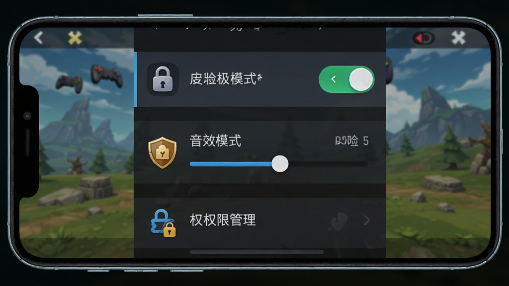 主体为手机屏幕显示游戏设置界面,包含性能模式开关、音效调节、权限管理选项;布局为设置菜单纵向排列于画面中央;排版清晰,每个选项配有图标;风格为游戏UI界面展示;细节包括开关按钮高亮、权限图标、性能模式标识;画质高清,画面干净,无多余元素