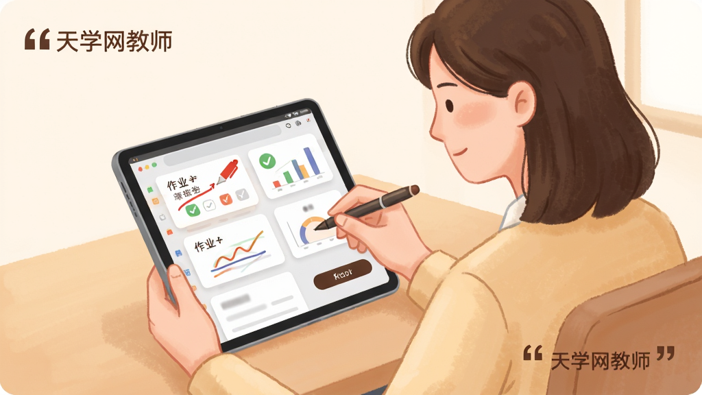 ��������Ϊ��ʦʹ��ƽ���豸������ҵ�ĳ�������Ļ����ʾ��ҵ�б������ı�ǣ�����Ϊ����������ˣ��豸λ�ڻ����Ӿ����ģ��Ű�ͻ����ҵ��Ƭ�����İ�ť�����Ϊ��ܰ�칫�����廭��ɫ����ͣ�ϸ�ڰ�����ʱ�ǡ��Թ�ͼ��������Сͼ��������һ�������ű�ע����ѧ����ʦ��������ϸ�壬�����ɾ�������Ԫ��