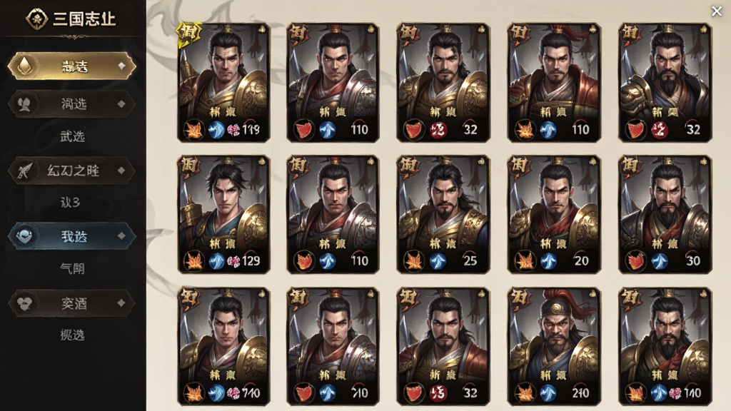 主体是三国志幻想大陆武将图鉴界面,布局为网格排列多位武将卡牌,排版左侧为筛选栏右侧为卡面展示,风格为国风幻想卡牌,细节包含武将立绘、稀有度标识、属性图标,画质高清干净无多余元素