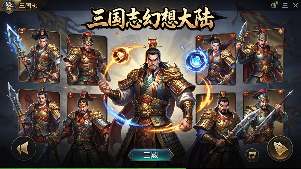主体是三国志幻想大陆游戏主界面,布局为中央展示多位三国武将立绘环绕,排版上方为游戏名称“三国志幻想大陆”,风格为国风幻想卡牌美术,细节包含武将服饰纹样、技能光效、UI按钮,画质高清干净无多余元素