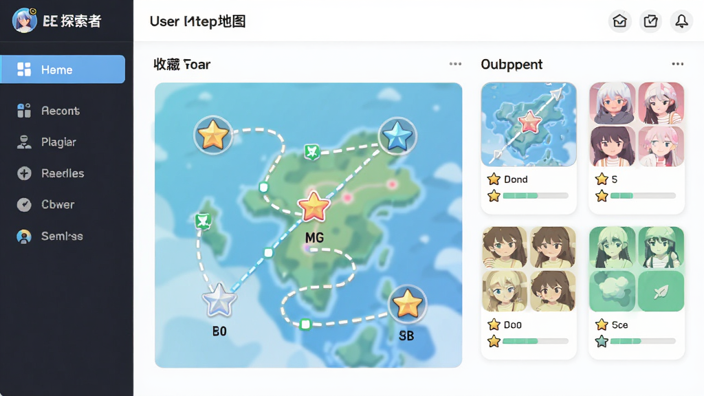 BE二次元探索者个性化探索界面,主体为用户兴趣地图与收藏夹卡片,布局为左侧导航右侧内容区,风格简洁明快,细节包含路径连线、收藏星标、进度条,画质高清,干净无多余元素