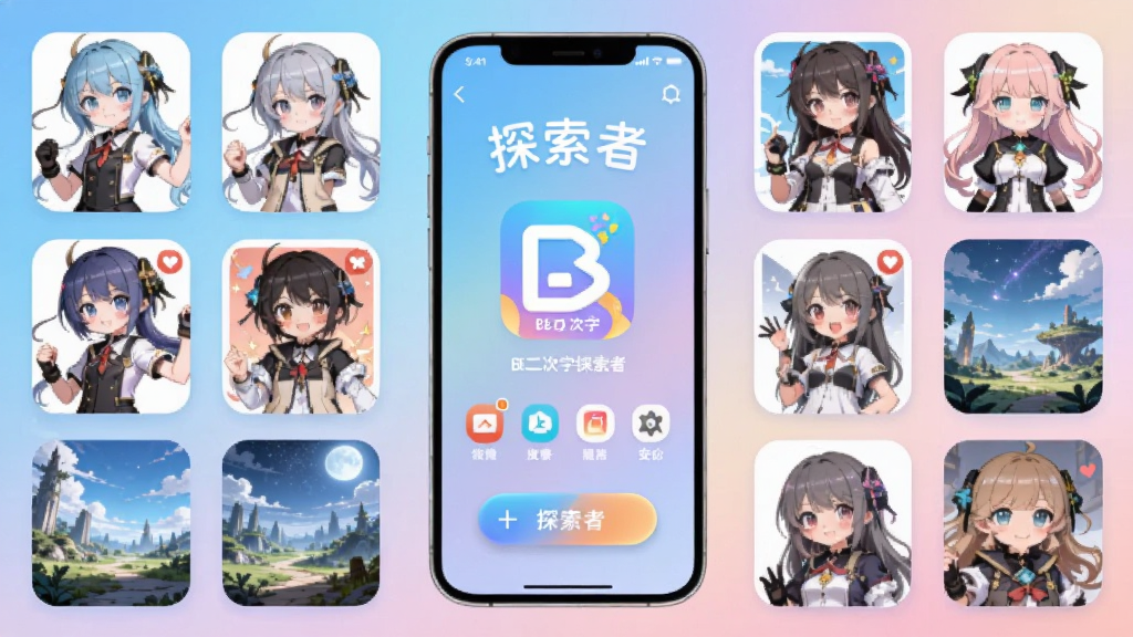 手机屏幕中央展示BE二次元探索者应用主界面,四周环绕动漫风格的角色卡片与场景缩略图,布局为居中对称式,风格清新二次元,细节包含柔和渐变背景、圆角图标、悬浮按钮,画质高清,干净无多余元素