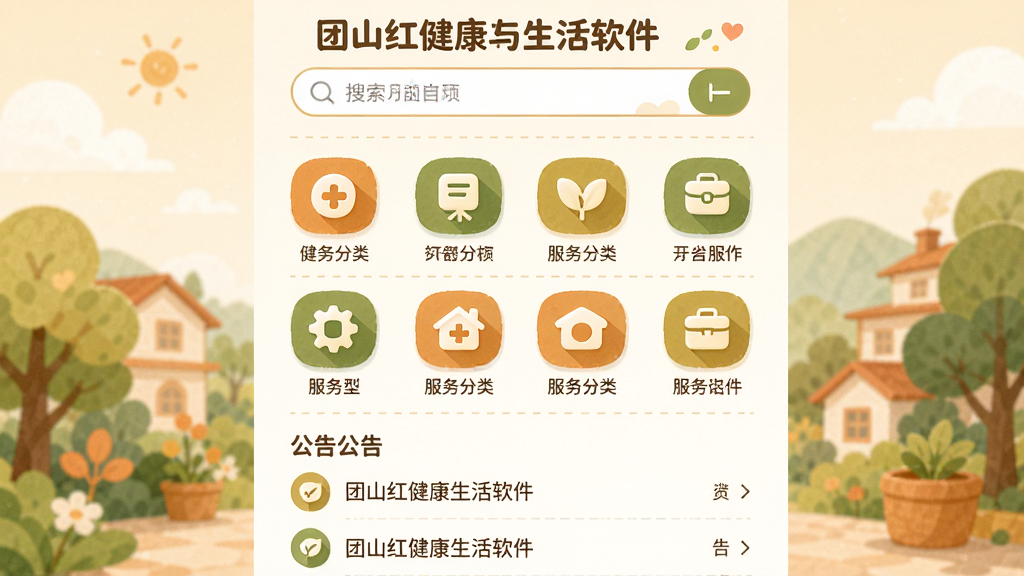 ��������Ϊ����ɽ�콡����������������������ҳ�棬����Ϊ�Ϸ����������в��������ͼ�������·������б����Ű�����ֲ㣬���Ϊ��ů�����廭�磬ϸ�ڰ�������ɫ����Բ��ͼ�ꡢ���������ֱ�ǩ���б��ָ��ߣ����ʸ��塢�ɾ����޶���Ԫ��