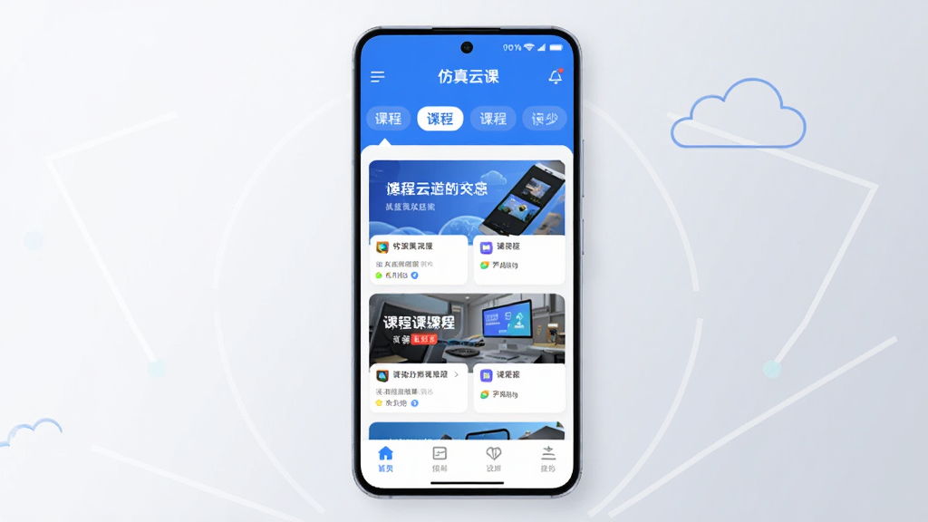 ����Ϊһ��������׿�ֻ�����Ļ������ʾ�������ƿΡ�App��ҳ���棬ҳ�涥���пγ̷��ർ�������в�Ϊ��Ƭʽ�γ��б����ײ�Ϊ���ܲ˵������ֻ�������з�����ǳ��ɫ���䱳��֮�ϣ�������׺���������������ƶ����������Ϊ����ƽ���Ƽ��磬ϸ�����ֻ��߿�Բ�󡢽���ͼ����������ɫ������Ϊ�������������ɾ��޶���Ԫ��