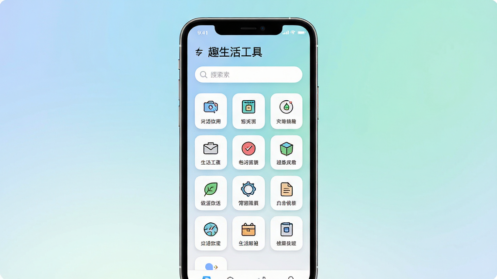 趣生活工具手机应用主界面展示,主体是一部居中摆放的智能手机,屏幕内呈现分类清晰的生活工具图标网格与顶部搜索栏,布局为上下结构上方标题下方功能宫格,排版整齐留白适中,风格为清爽扁平化UI设计,细节包含柔和渐变背景、圆角卡片、简洁线性图标,画质高清干净无多余元素